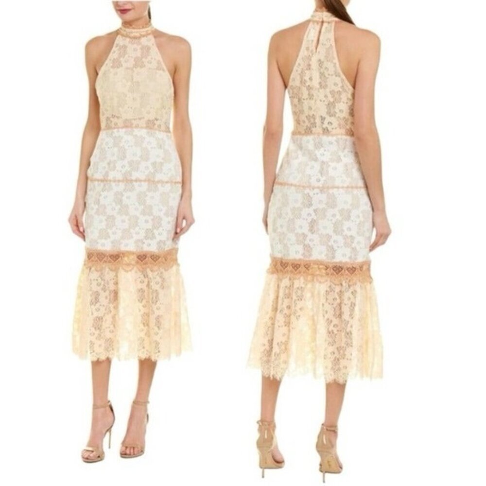 NWT Foxiedox Amelia Halter Mock Neck Floral Lace Midi Dress Blush Combo LARGE